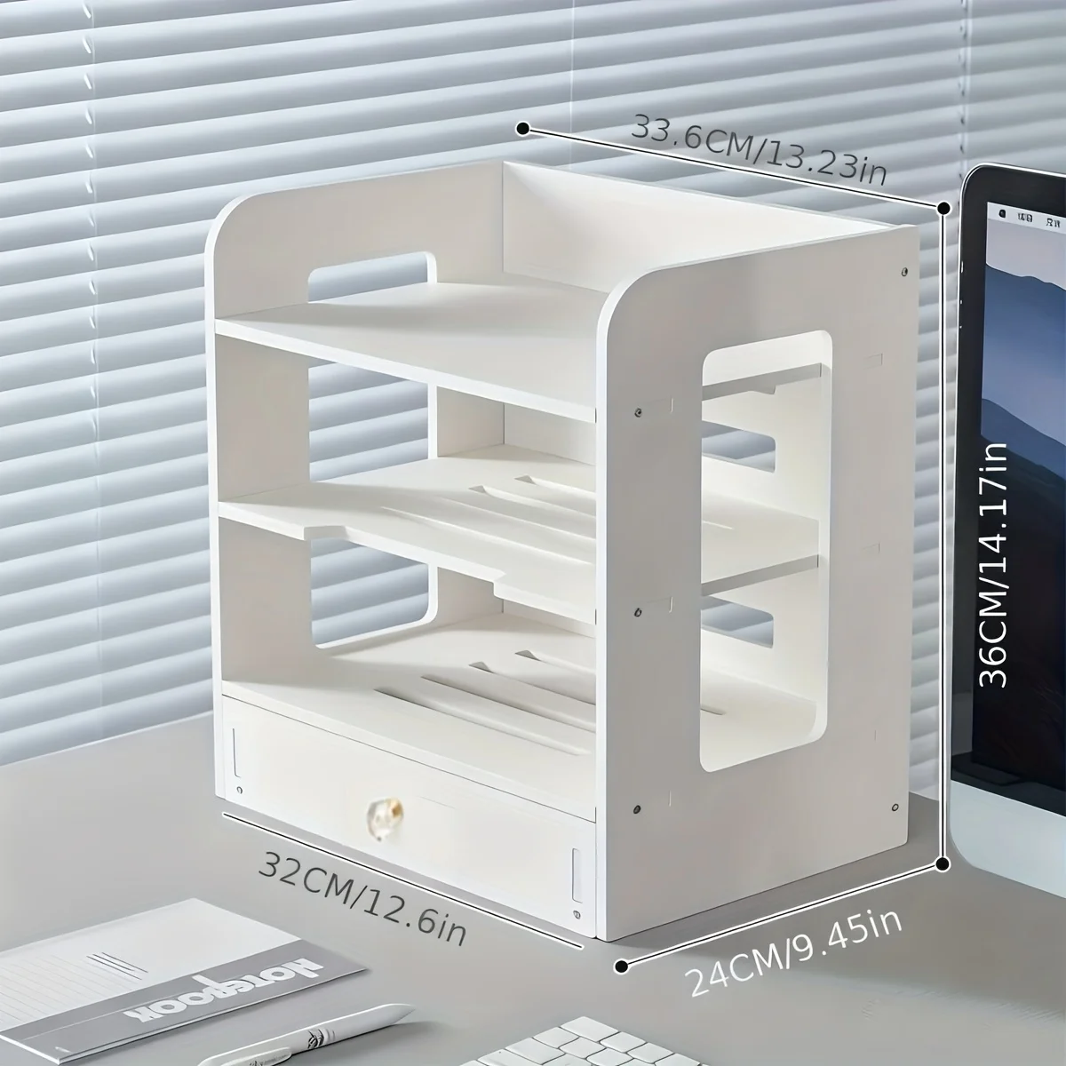 White 3-Tier Desktop File Organizer with Drawer & Compartments, Minimalist Desk Storage Rack for Office & Home Supplies