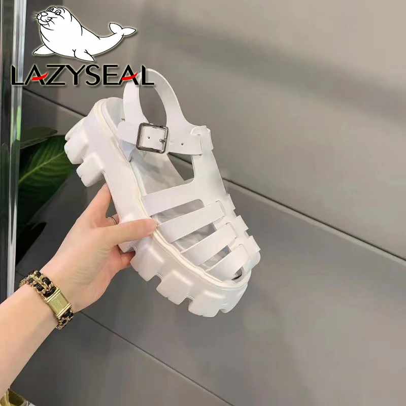 LazySeal Wedge Summer Sandals Hollow Upper Solid Color Buckle Close Women Chunky Heel Sandals Gladiator Woman Shoe Plus Size 42