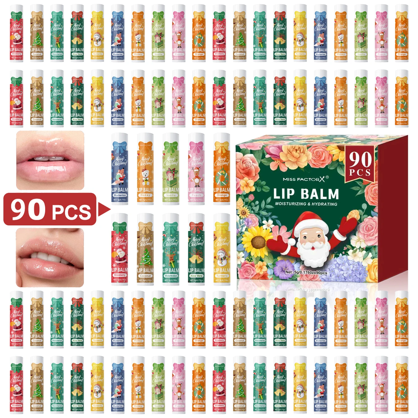 90-piece lip balm set in 10 fragrances. Moisturizes and nourishes lips. Great gift for women for Christmas and Valentine's Day.