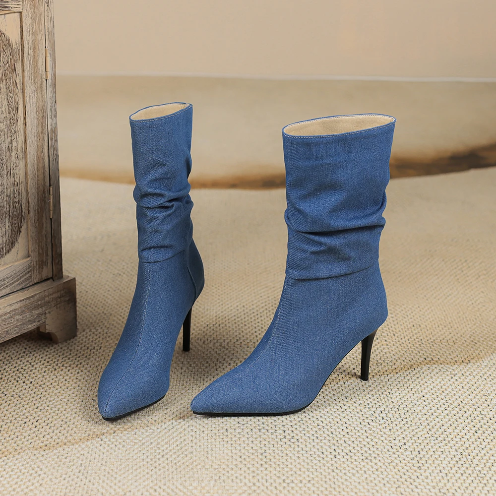  New Winter Elegant Black Blue Women Mid Calf Boots Hot High Stiletto Heel Lady Dress Shoes Plus Big Size 10 43 45 48 view 2