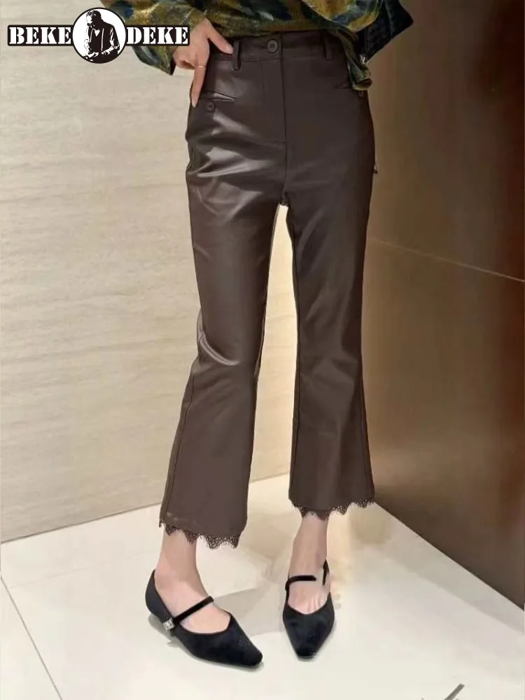 Elegant Women Lace Spliced Sheepskin Genuine Leather Flare Pants Ankle Length Autumn Lady Slim Fit High Waist Real Leather Pants