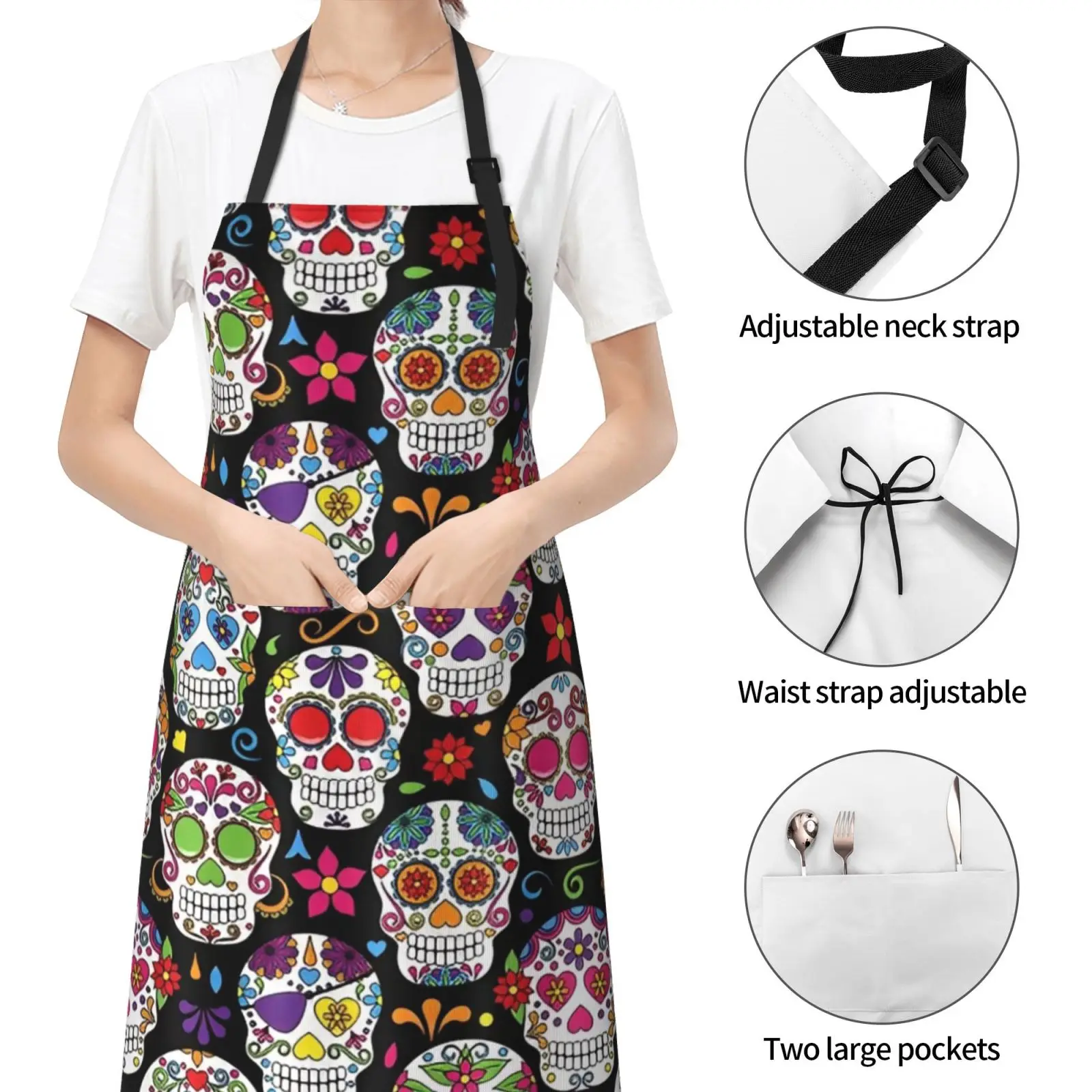 Funny Skull Apron for Men Women Baking Aprons with 2 Tool Pockets Adjustable Neck Strap Waterproof Gifts for Dad Husband Friends