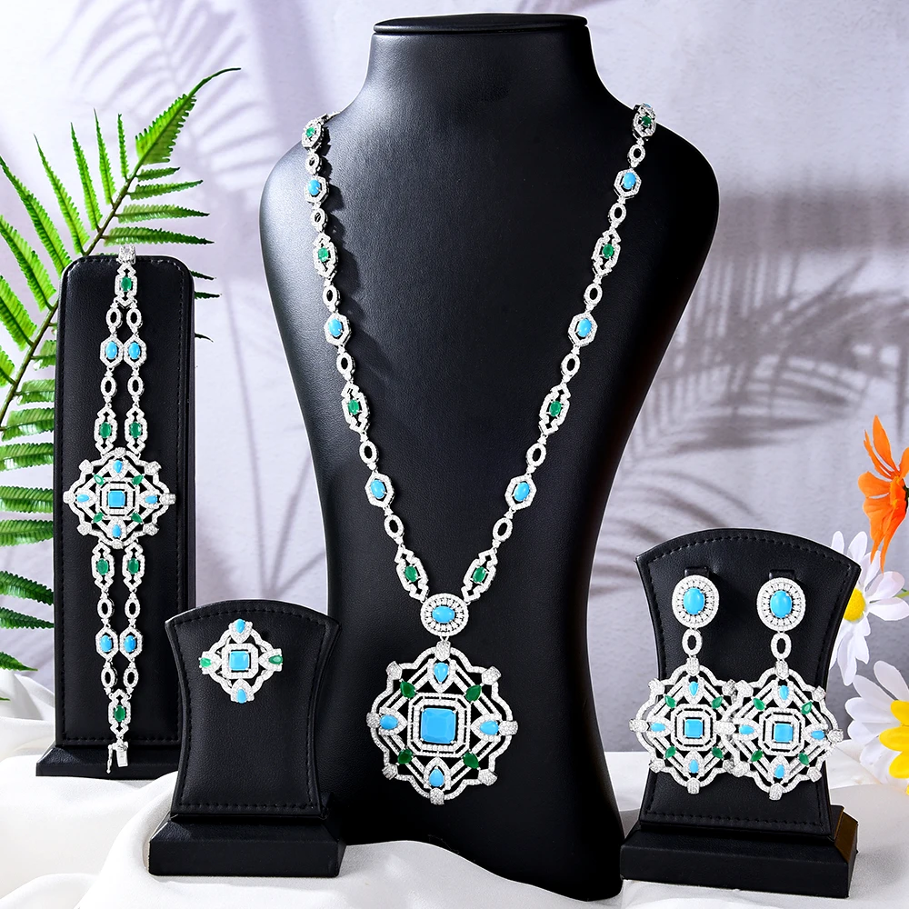 

Jimbora Turquoise Necklace Earrings Bracelet Ring Jewelry Sets For Original Women Bridal Wedding Russia Dubai Bridal Party Gift