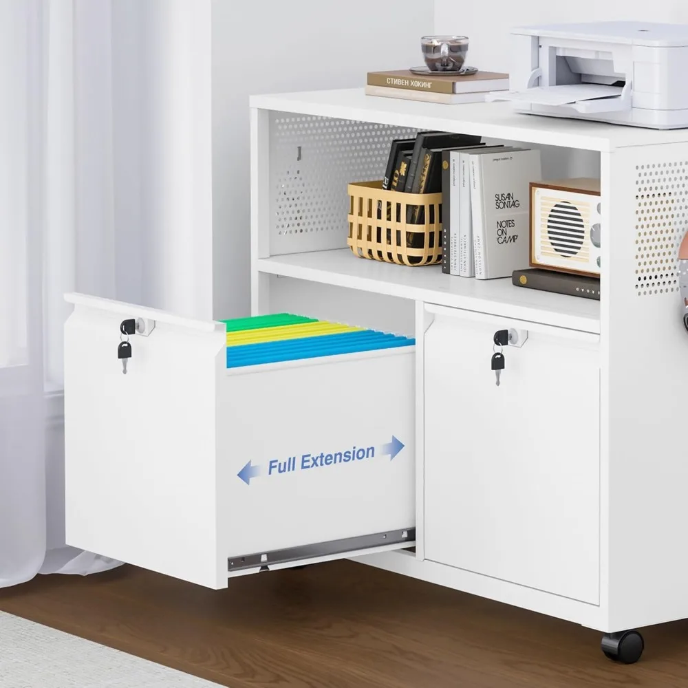 Schedario laterale in metallo con serratura a 2 cassetti con supporto per stampante con rotelle e ripiani portaoggetti per l'organizzazione dell'home office