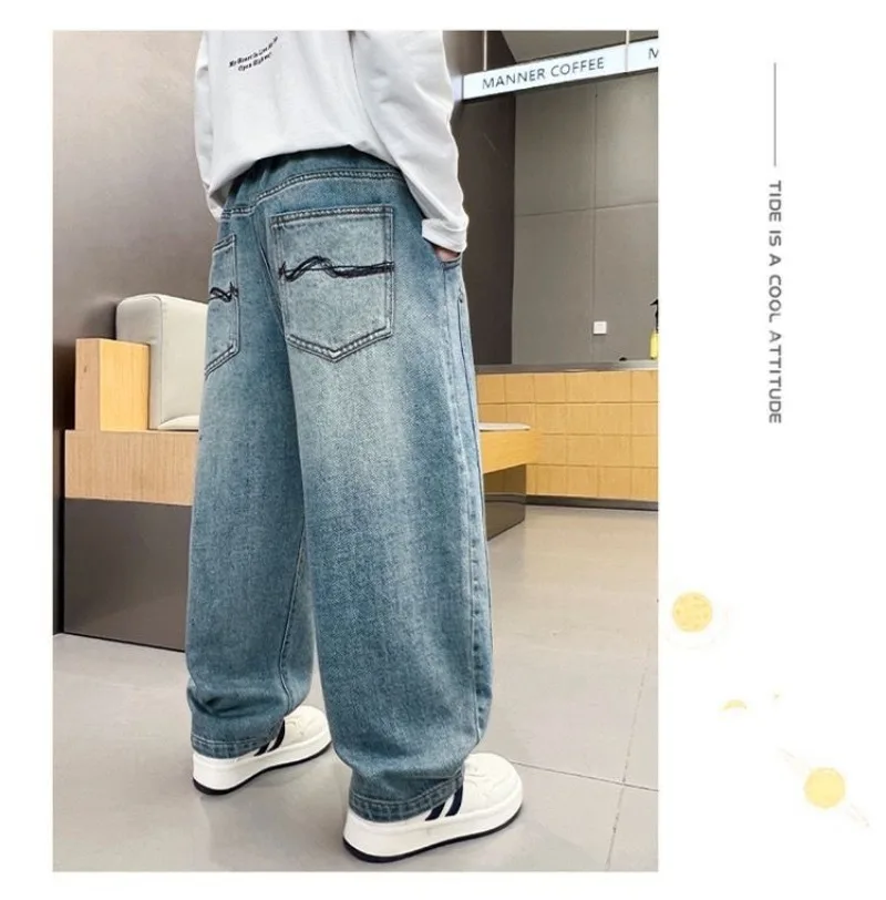 UNITIM Sommer Kinder Jungen Jeans Frühling Herbst Kinder Jungen Gerade Hosen Locker Elastischer Bund Junior Jungen Hosen 4-14 Jahre Jungenhose – Detail 4