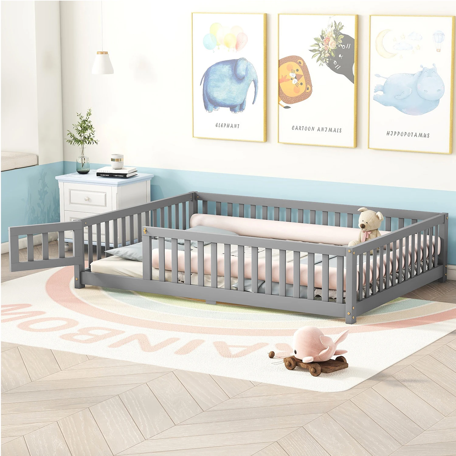 

Toddler Floor Bed Frame with Safety Guardrails Doors Wood Slat Support Bed Detachable Platform Bed for Kids Bedroom Nursery