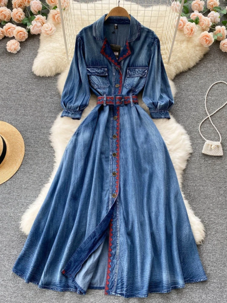 

Fashion Vintage Denim Dress Notched Collar Three Quarter Sleeve Single Breasted Long Dresses Elegant Female Slim Women Clothing