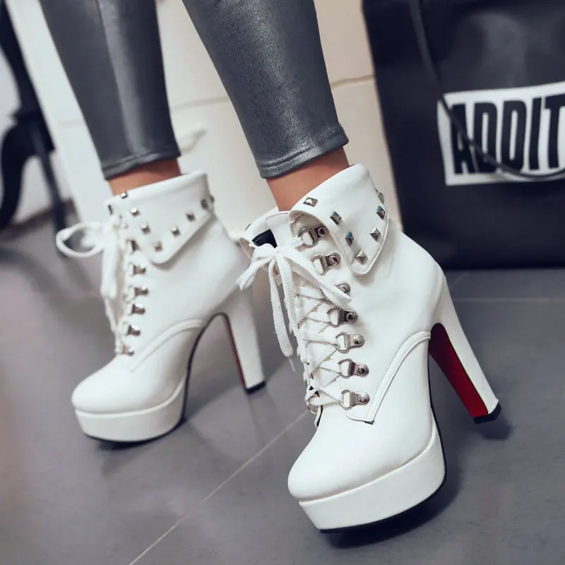 Extra Big Size 46 47 White Black Lace-up Thick High Heels Shoes for Women with Studded Rivets Platform Ankle Motorcycle Boots