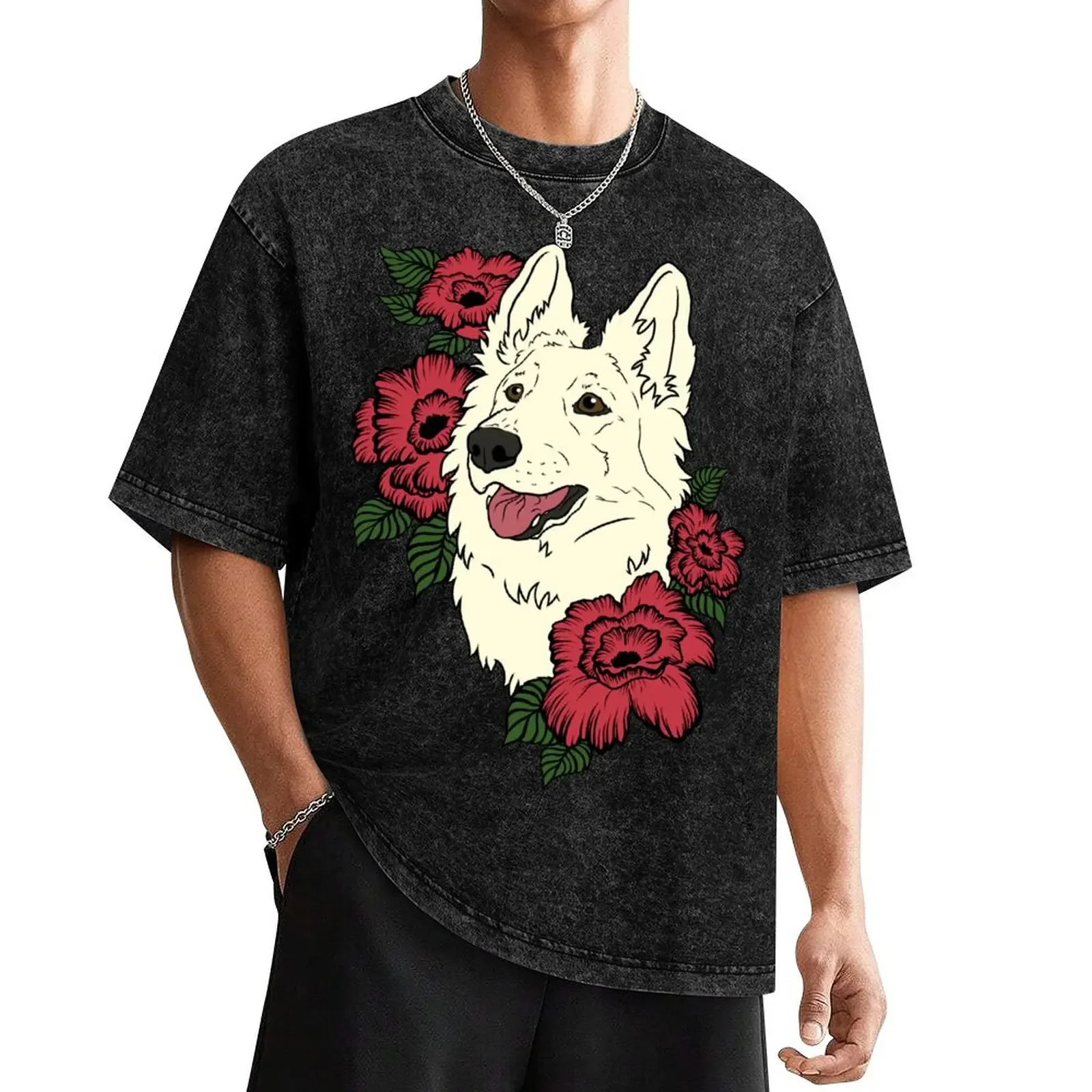 White Swiss Shepherd with red flowers T-Shirt summer tops heavyweights sweat graphic shirts shirts men