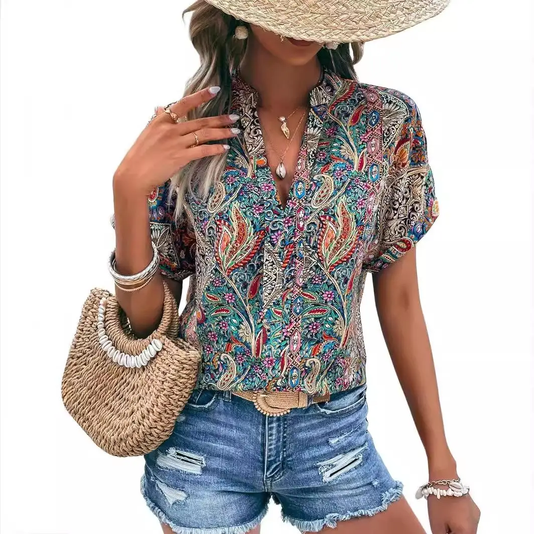 

Women's Geometric Print Notch Ne ort Sve irt Commute Sle Loose Fit Polyester Fiber Summer Faion Ladies' irt