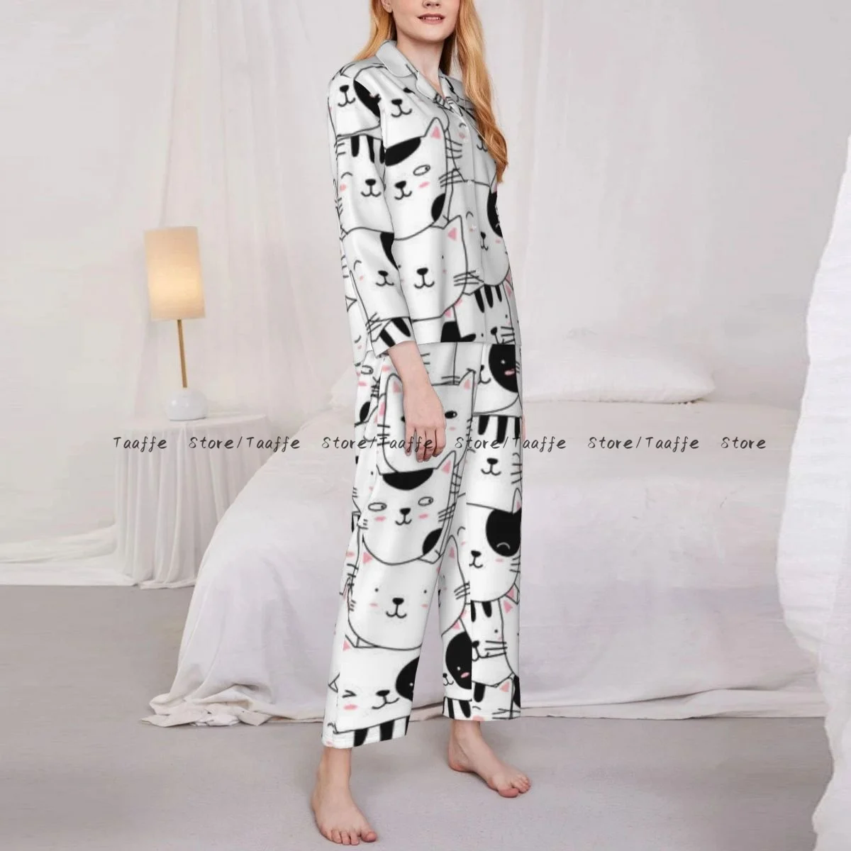 

Women Sleepwear Pajamas Cute Cat Animal Cartoon Long Sleeve Pijama Female Set Negligee Cardigan Suit