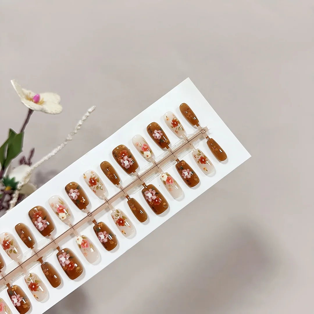 24pcs Rural Flower Oil Painting Press on Nails Flowers Manicure Wearable Nail for Women and Girls False Nail