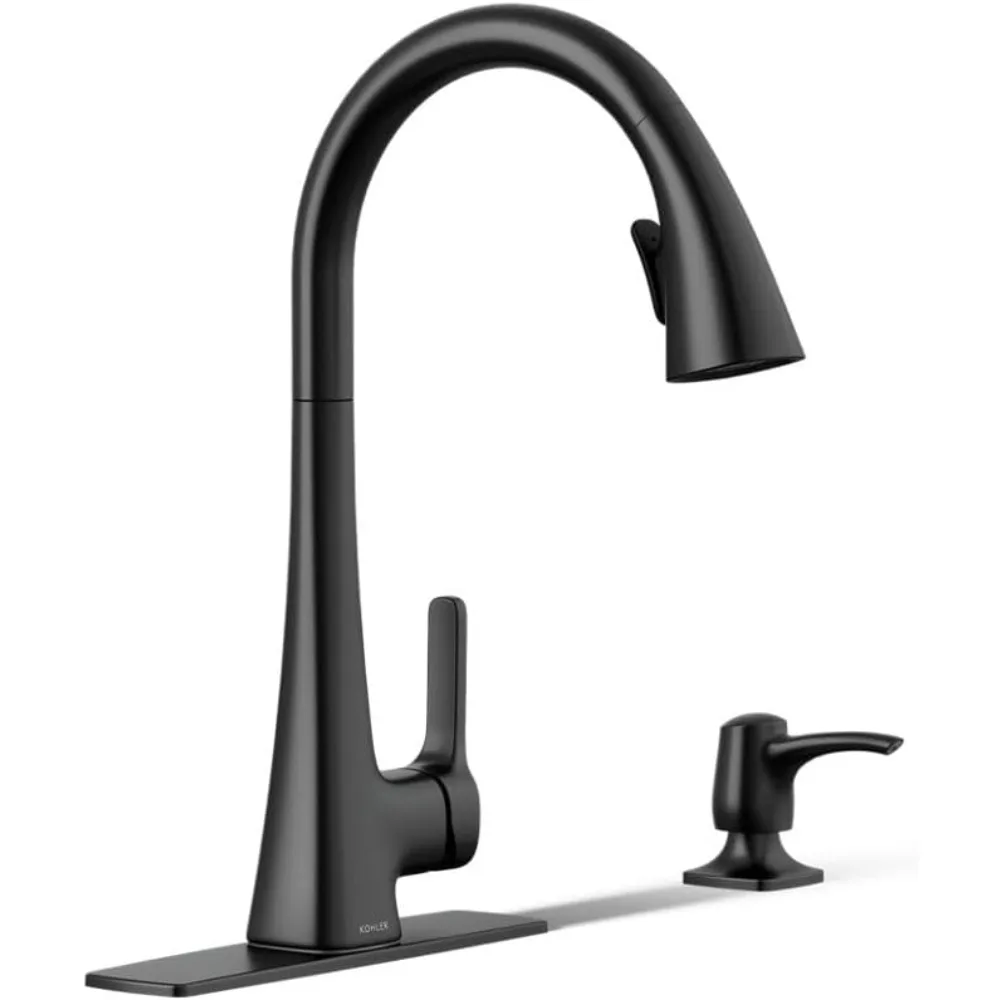 Kohler Maxton Torneira de cozinha removível preta fosca com dispensador de sabonete e pulverizador