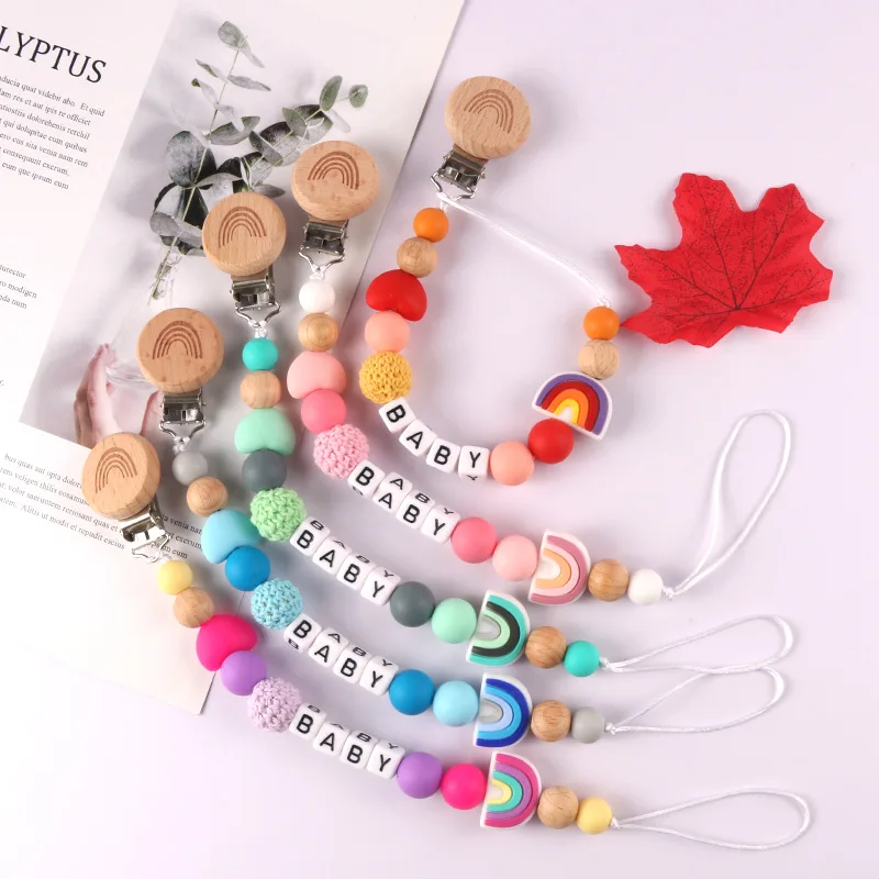 Personalized Name DIY Baby Pacifier Clips Wood Rainbow Dummy Nipples Holder Clip Chain Newborn Teething Toys Feeding Accessories