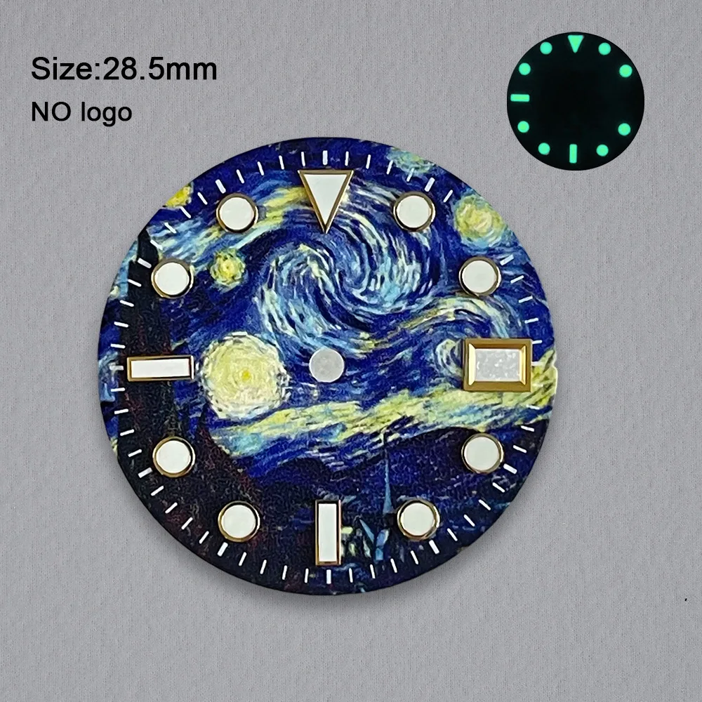 28.5mm No Logo Blank Wave Pattern Dial For NH35 Movement Green Luminous Custom Logo Watch Dials Hands Accessories Repair Tools