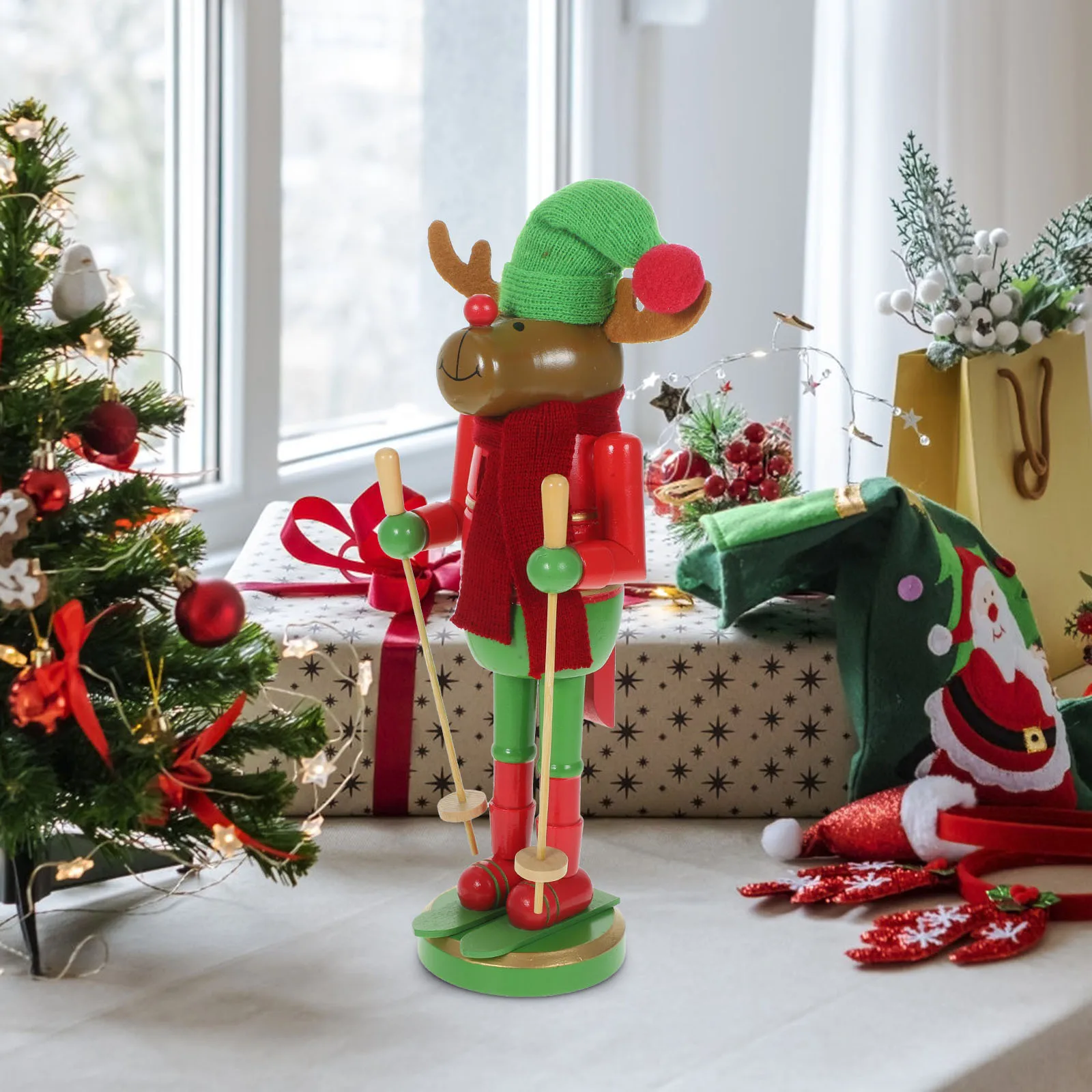 

Wooden Christmas Nutcracker Skiing Style Xmas Tabletop Ornament Classic Nutcracker Decoration Holiday Home Office Decor