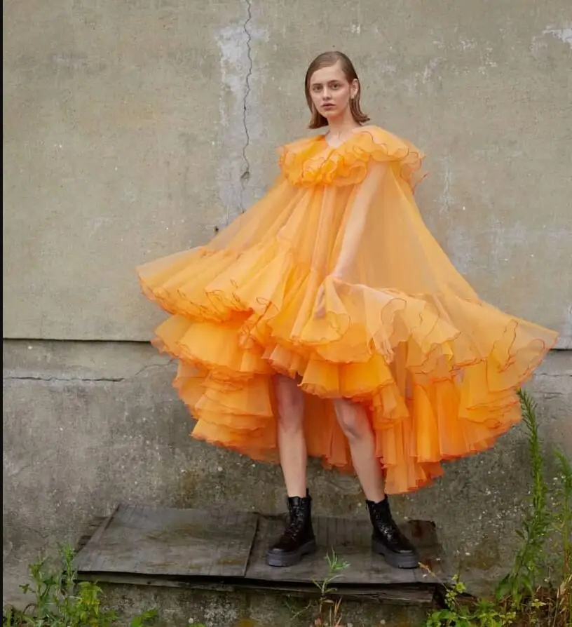 Vestido de Noche Elegante y Deslumbrante para Mujer, Color Naranja, con Transparencias de Tul, Corte en A, Asimétrico, con Volantes de Tul, Ideal para Fiestas y Fotografía