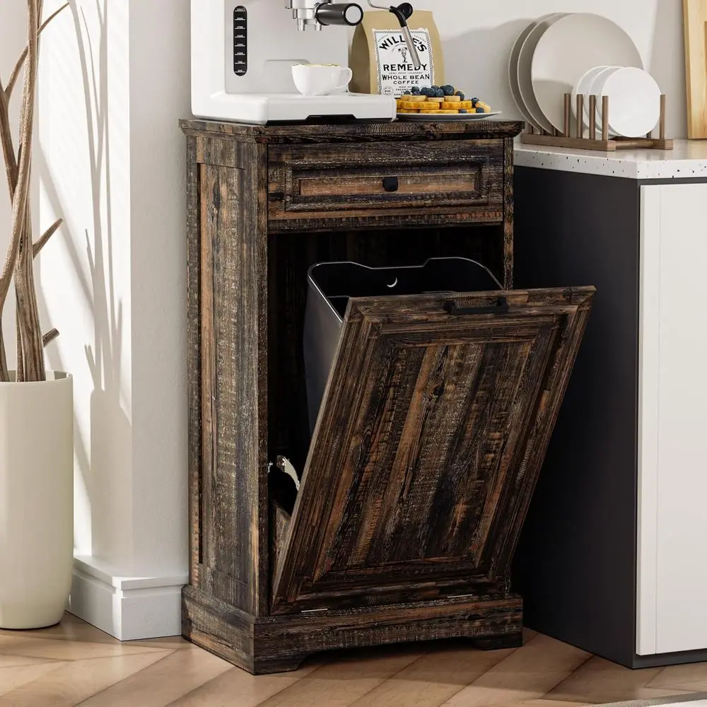 

13 Gallon Wooden Freestanding Kitchen Trash Can with Hidden Drawer and Recycling Cabinet in Rustic Brown