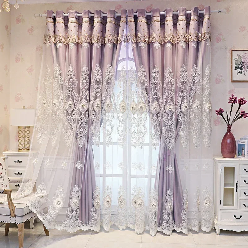 New Pink Double-Layer Curtains for Living Dining Room Bedroom European Style Curtain Yarn Relief Embroidery Window Customize