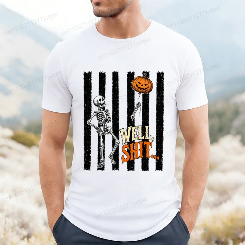 Well Shit Funny Skeleton Men's T-Shirts Spooky Season Tee Shirts Funny Dark Humor Halloween Design T-Shirt Short Sleeve Clothing