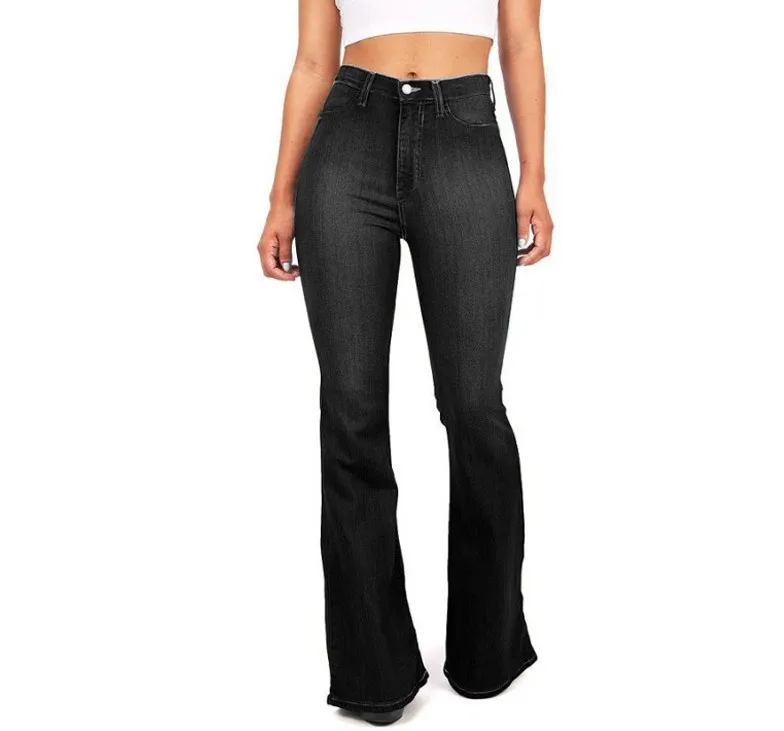Celana Jeans Wanita High Waist Slim Fit Flare Panjang Bahan Denim Kasual Tahan Aus Kain Polyester Micro Flare