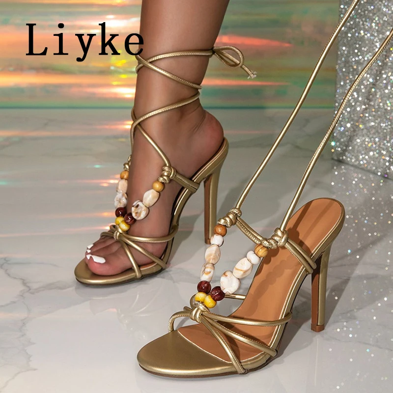 

Liyke Bohemian Style Fashion String Bead Lace Up High Heels Gladiator Sandals Women Open Toe Party Dress Shoes Zapatos De Mujer