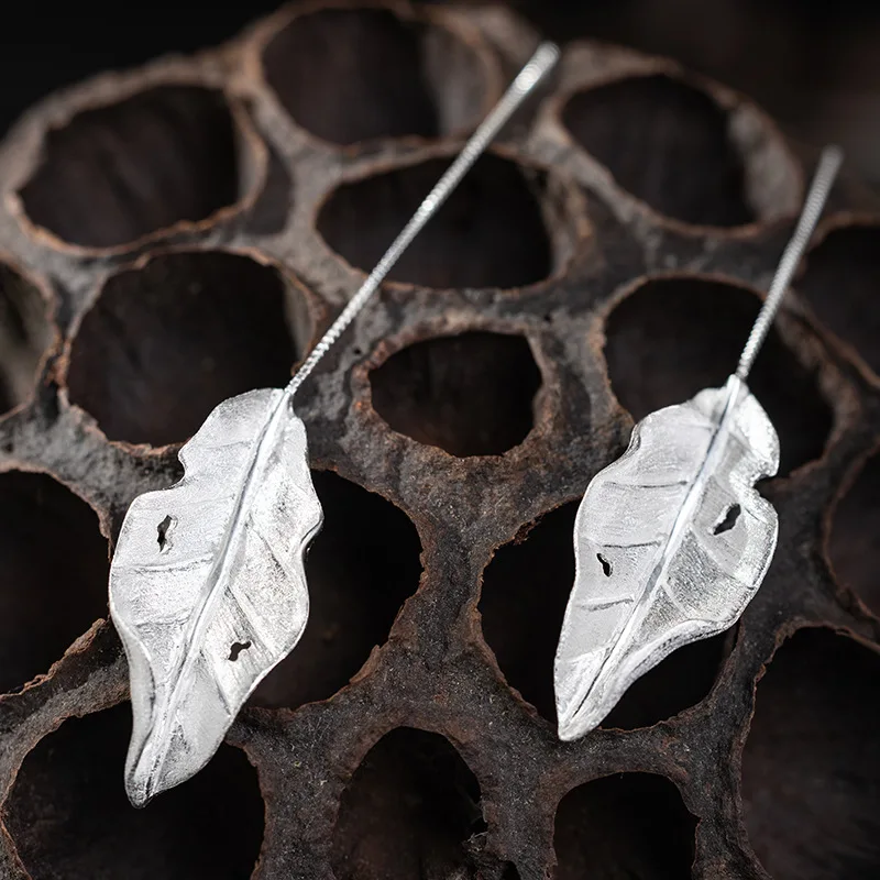 Amxiu Sterling Silver 925 Design Fashionable Leaf Earrings Personalized Simple Leaf Earline Eardrops Jewelry For Female In Party