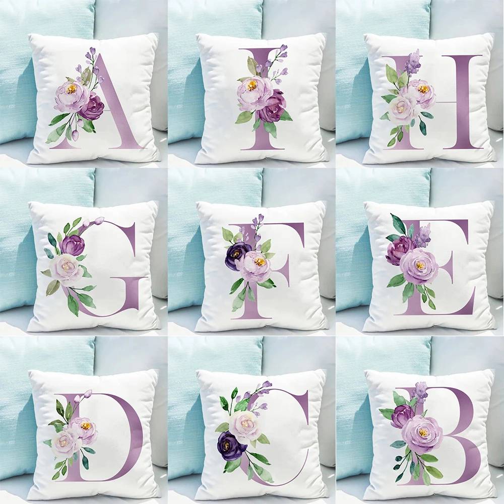 Housse de coussin impresa con letras violetas, housse de coussin pour canapé, décoration simple de la maison, salón, 45x45cm