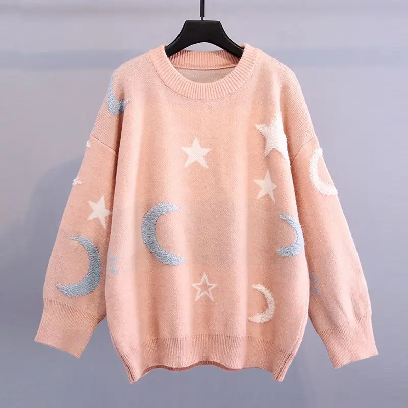 2023 Autumn and Winter Korean Edition Small Fresh Loose Relaxed Round Neck Printed Student Knitted Thickened Pullover Sweater