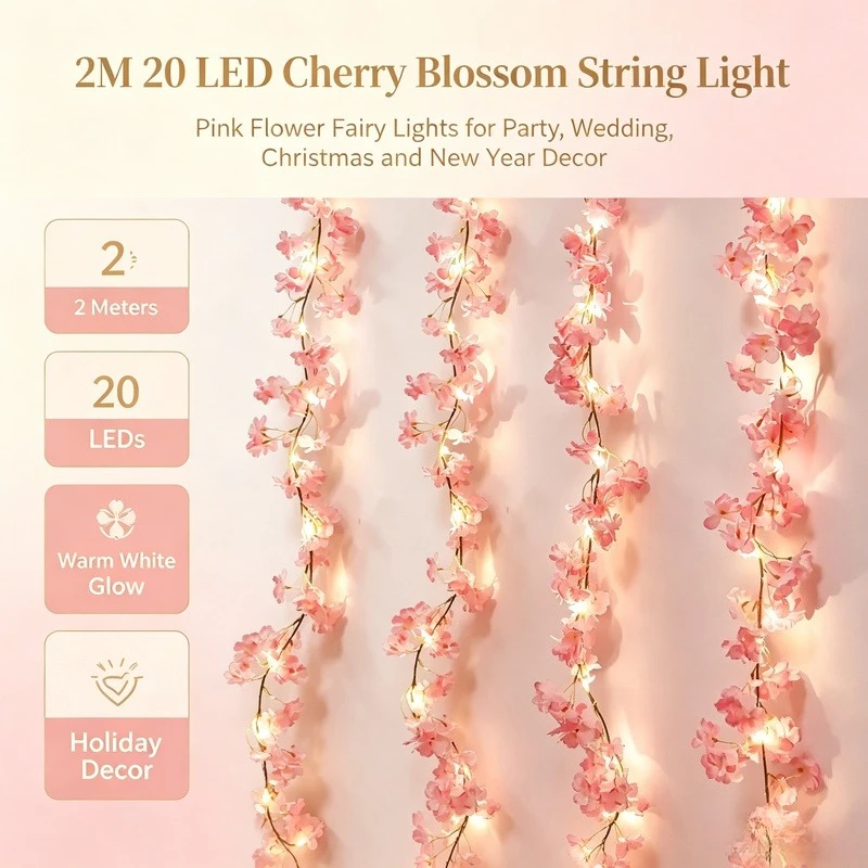 1PC 2M 20 LED Cherry Blossom String Light Courtyard Lights New Year Decoration For Party Wedding Christmas Decoration