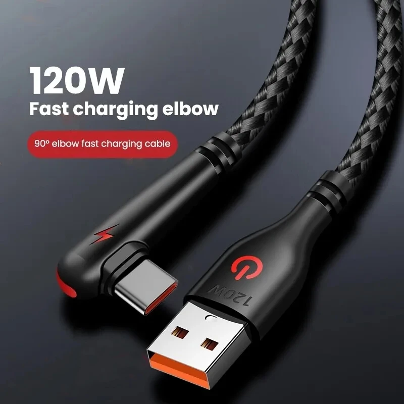 USLION 120W 90 Degree Type C Micro Fast Charging Cable Elbow Gaming Phone Data Cord Wire for Huawei Samsung S23 Xiaomi Oneplus