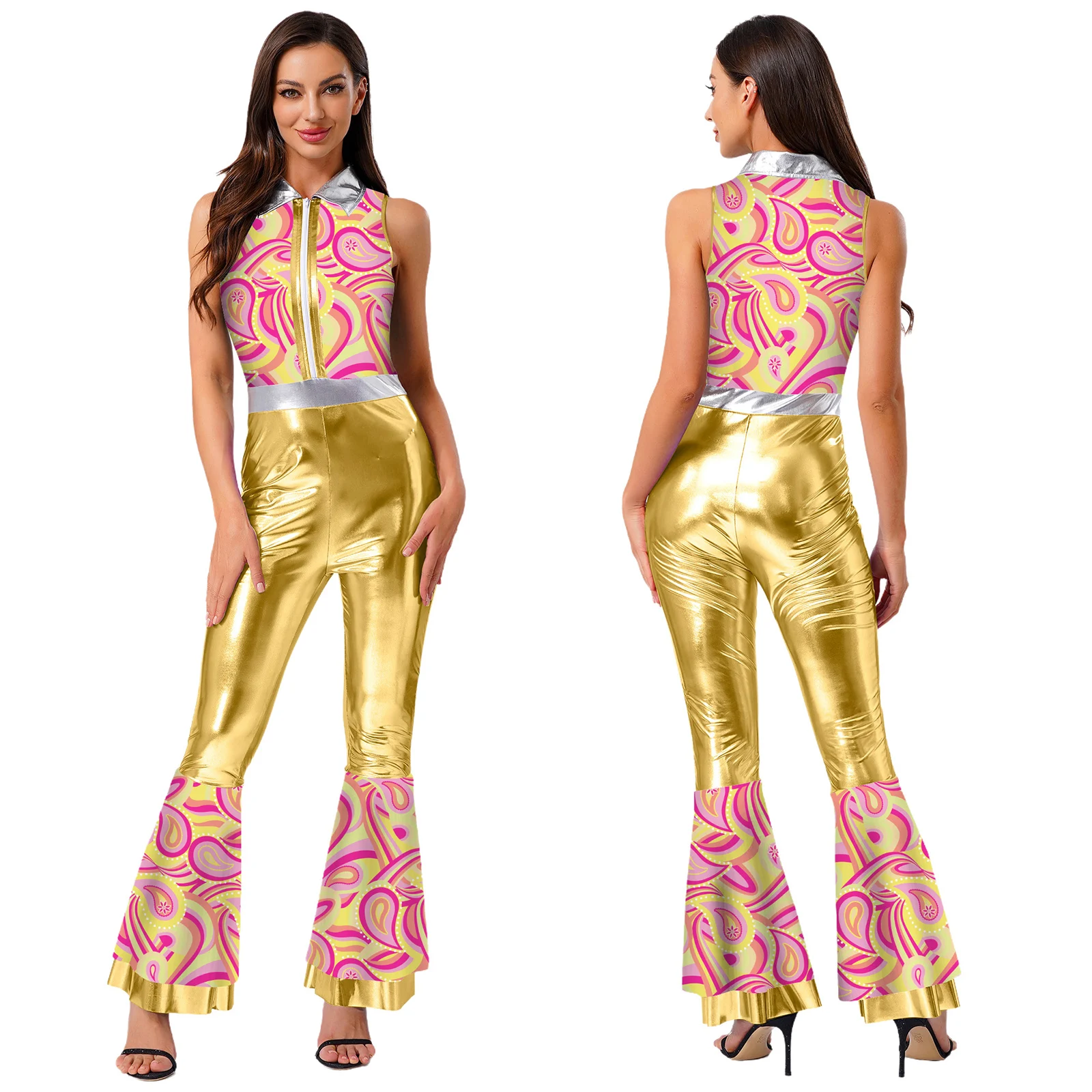 Groovy 70s Disco Jumpsuit for Women Metallic Bell Bottom Romper with Tiered Flare Pants Retro Club Rock Jazz Dance Party Outfit