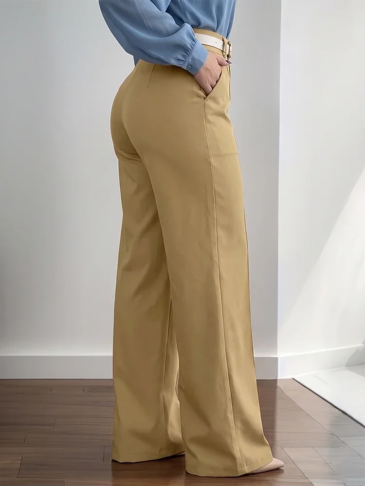 Women Elegant High Waist Belted Wide Leg Pants Office Lady Straight Slimming Casual Trousers Full Length Urban Spring Autumn