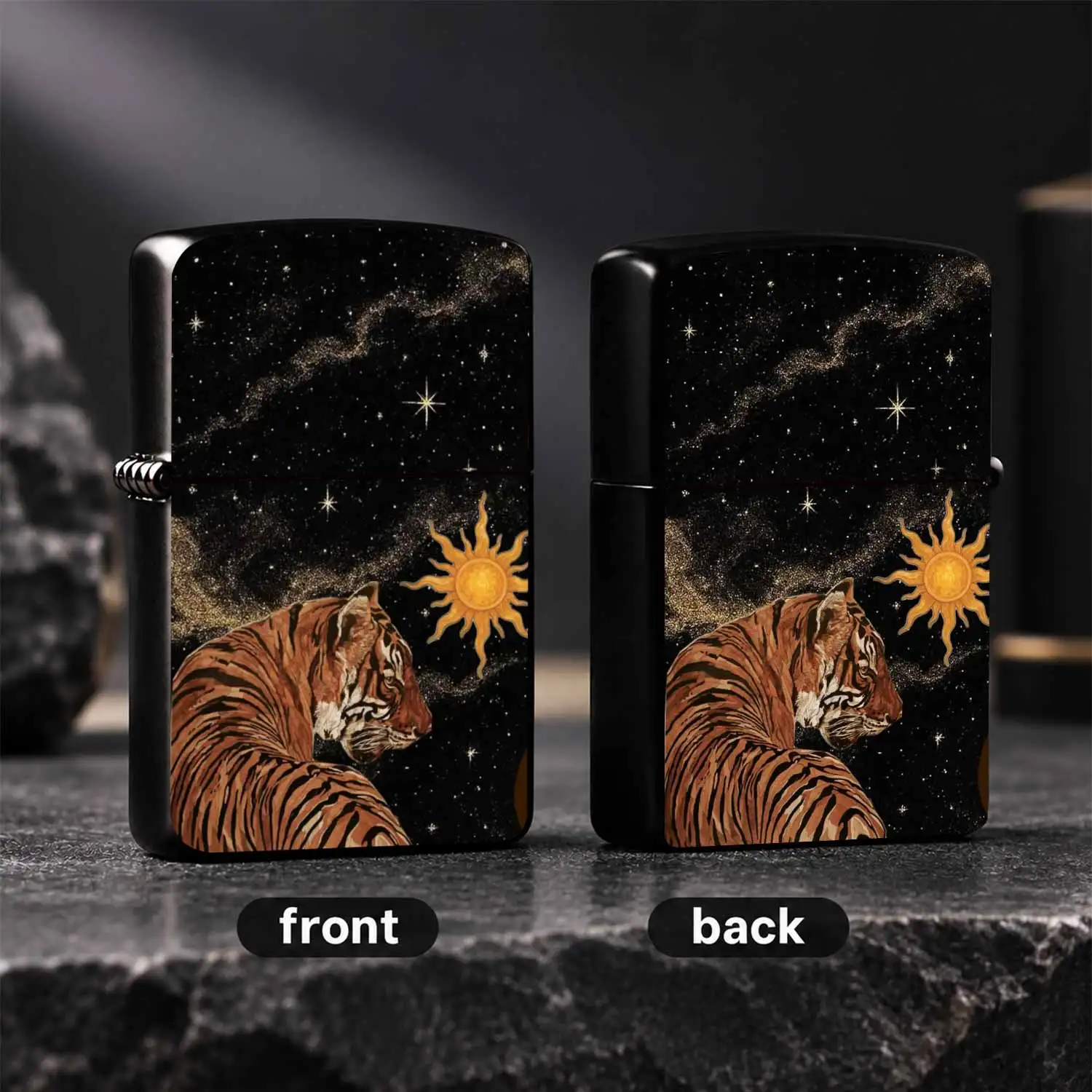 Stylish Celestial Tiger Print Lighter, Exquisite Artistic Sun Starry Sky Pattern Portable Igniter, Ideal For Daily Use Outdoor Activities Gifting Scenarios, Unique Aesthetic Practical Must-Have For Art Lo A Humorous And Interesting Lighter