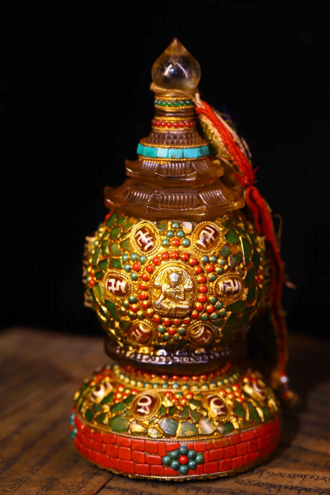 

9"Tibetan Temple Collection Old Crystal Tibetan Silver Gilded Gem gZi Beads Shakyamuni Buddha Pagoda Treasure jar Worship Hall