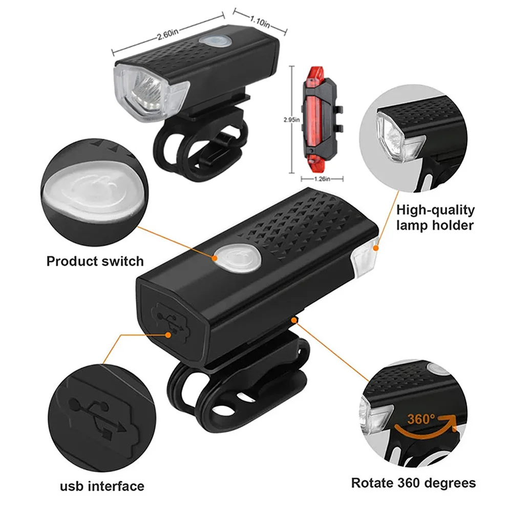 Set lampu depan sepeda isi ulang daya USB, lampu belakang mudah dipasang 3 mode aksesori sepeda untuk sepeda