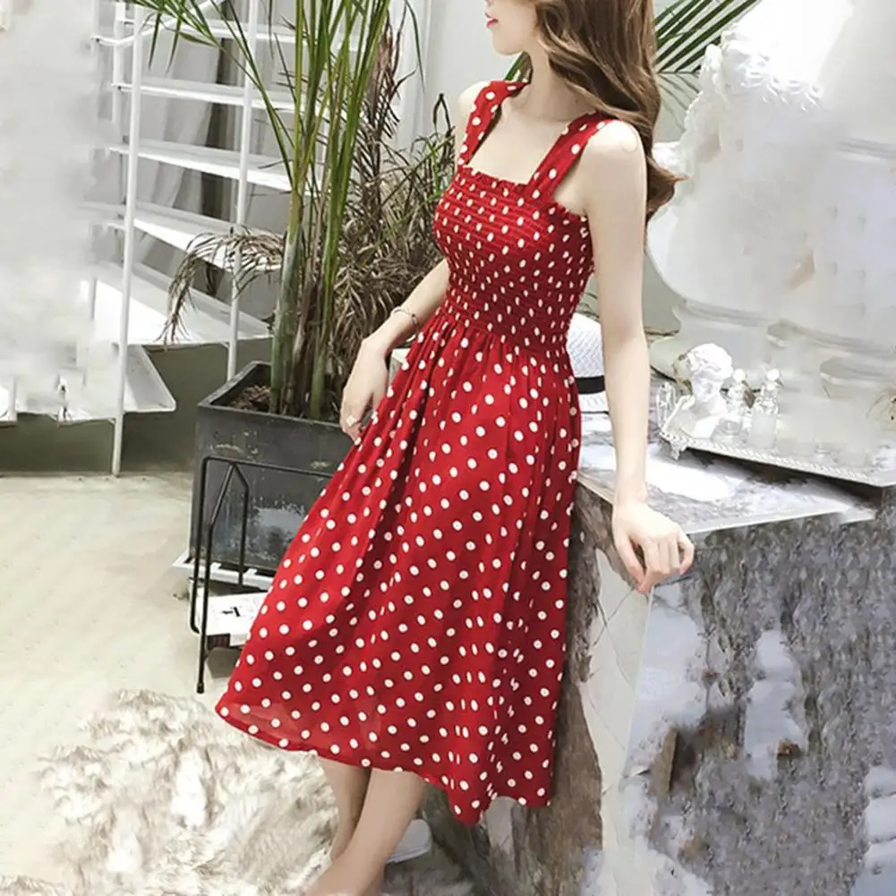 Women Printed Dress Elegant Dot Print Midi Dress with Square Neck Pleated Big Hem for Summer Dating Shopping Outfits Square