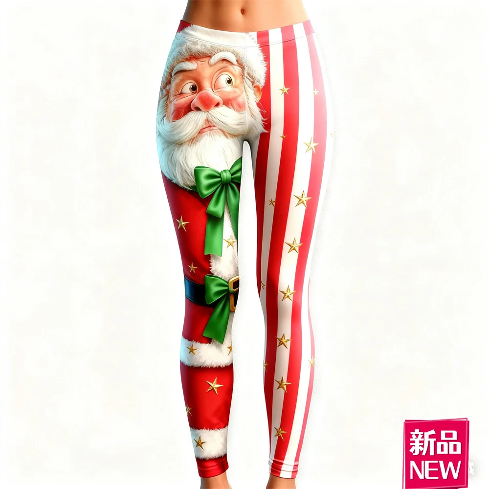 Legginsy damskie z grafiką Świętego Mikołaja drukowanej w technologii 3D, świąteczne, codzienne spodnie sportowe z wysokim stanem, elastyczne spodnie do jogi i fitnessu na zewnątrz.
