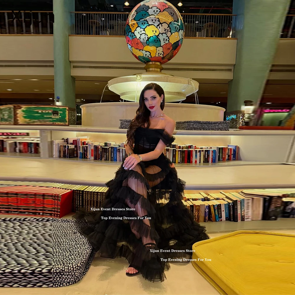 

Xijun Black Luxury Tulle Evening Dresses Tulle Ruffles Saudi Arabric Prom Dresses Off The Shoulder A-Line Prom Gowns Customized