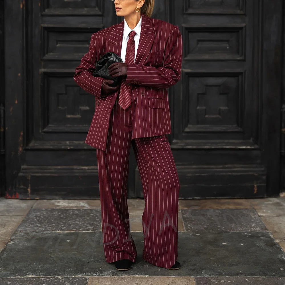 

Burgundy Striped Casual Women Suit Two Pieces Jacket Pants Loose Fit Peak Lapel Blazer Set Evening Party Prom Lady Outfit