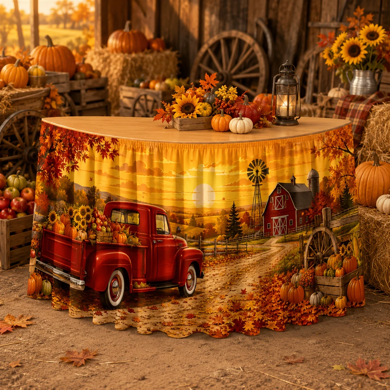 One tablecloth or table skirt. Polyester. Vintage red. Farmhouse style. Barn style. Windmill. Pumpkin. Sunflower.zyc