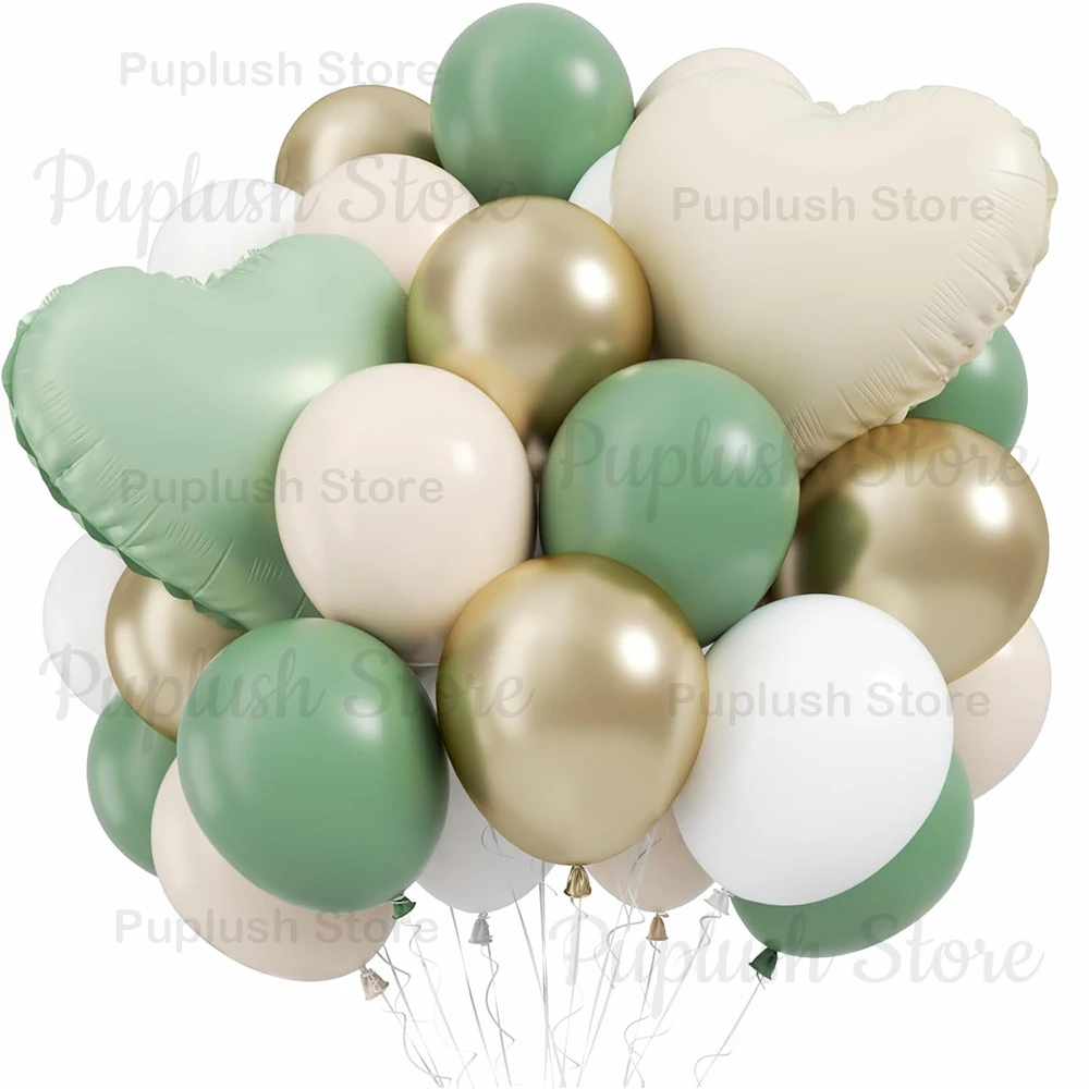 43-teiliges Set Salbeigrüne und Goldene Boho-Ballons, Sandweiße und Avocadogrüne Latexballons mit Herzballons für Hochzeit und Geburtstagsfeier-Dekoration