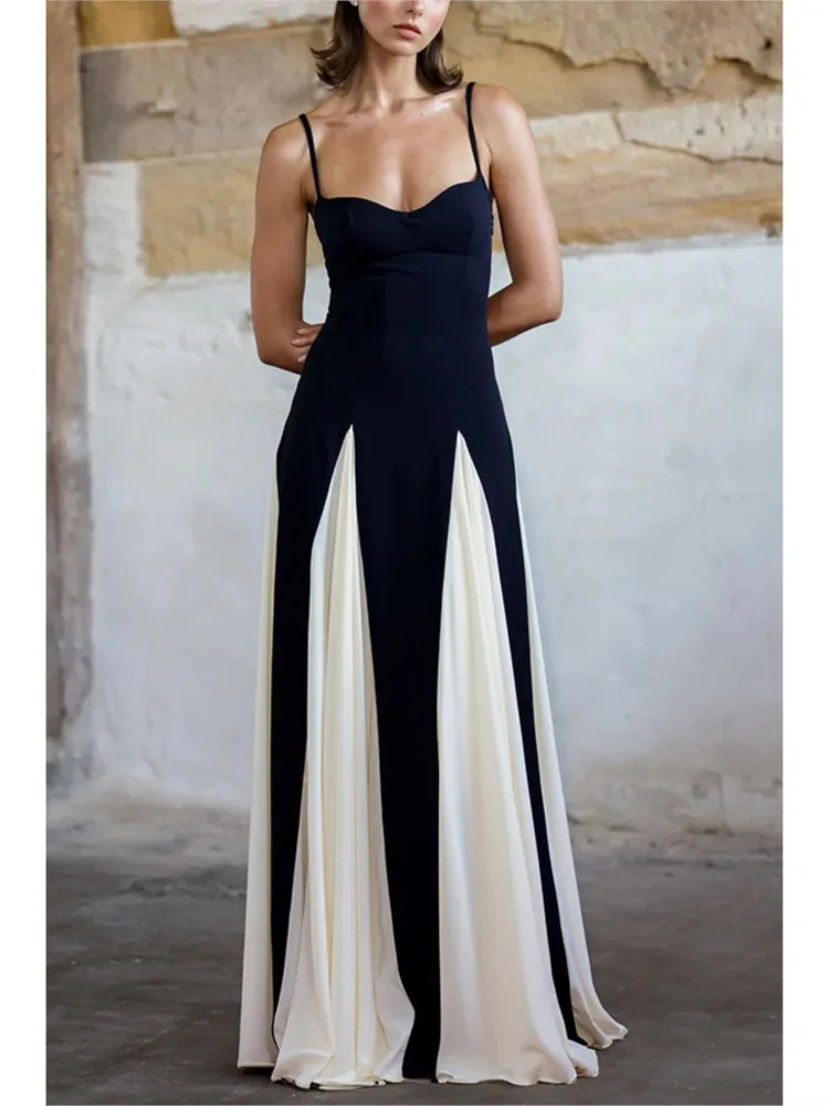 Women Drape Pleat Maxi Dress Fashion Splicing Tube Tops Party Dress Sexy Spaghetti Strap Sleeveless Color Matching Club Dress