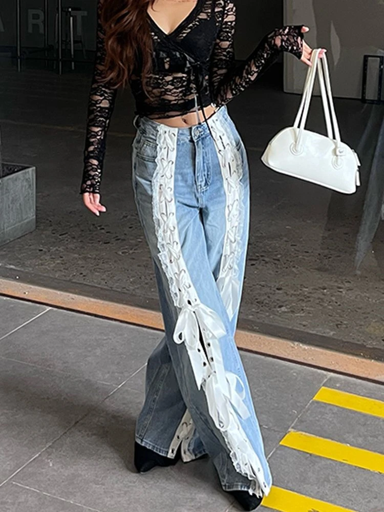 Women's White Lace Strap Slit Sexy Wide Leg Jeans Personalized Trousers Cool Girl Casual Bottoms Female Street Straight Pants