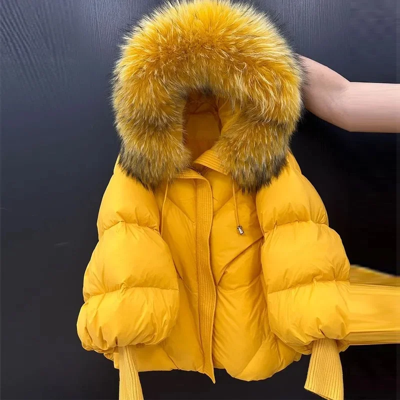 2025 New Winter Large Fur Hooded Puffer Jacket Women Thicken Warm Knitted Sleeve Coat White Duck Down Mid Long Snow Parka