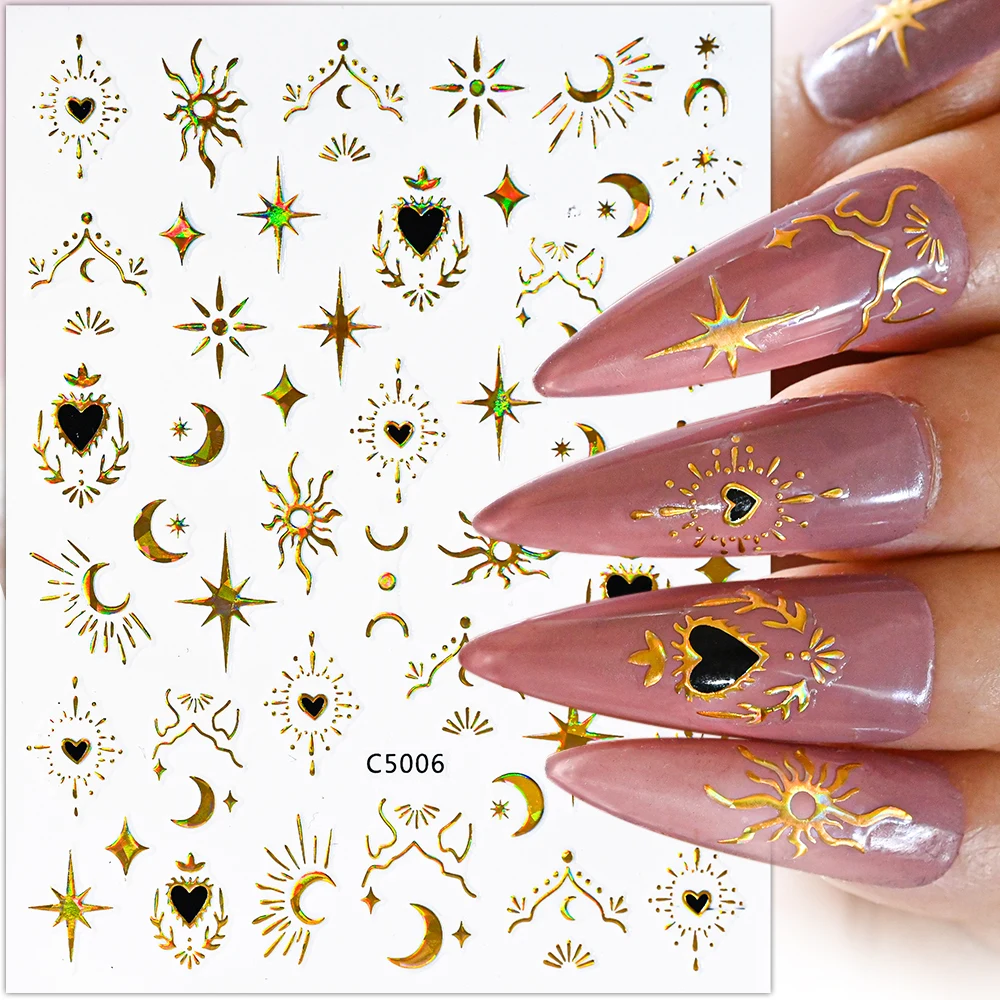 6Sheets Bronzing Leaves Nail Stickers 3D Golden Flowers Leaf Star Moon Nail Decals Adhesive Golden Black Line Manicure Sliders