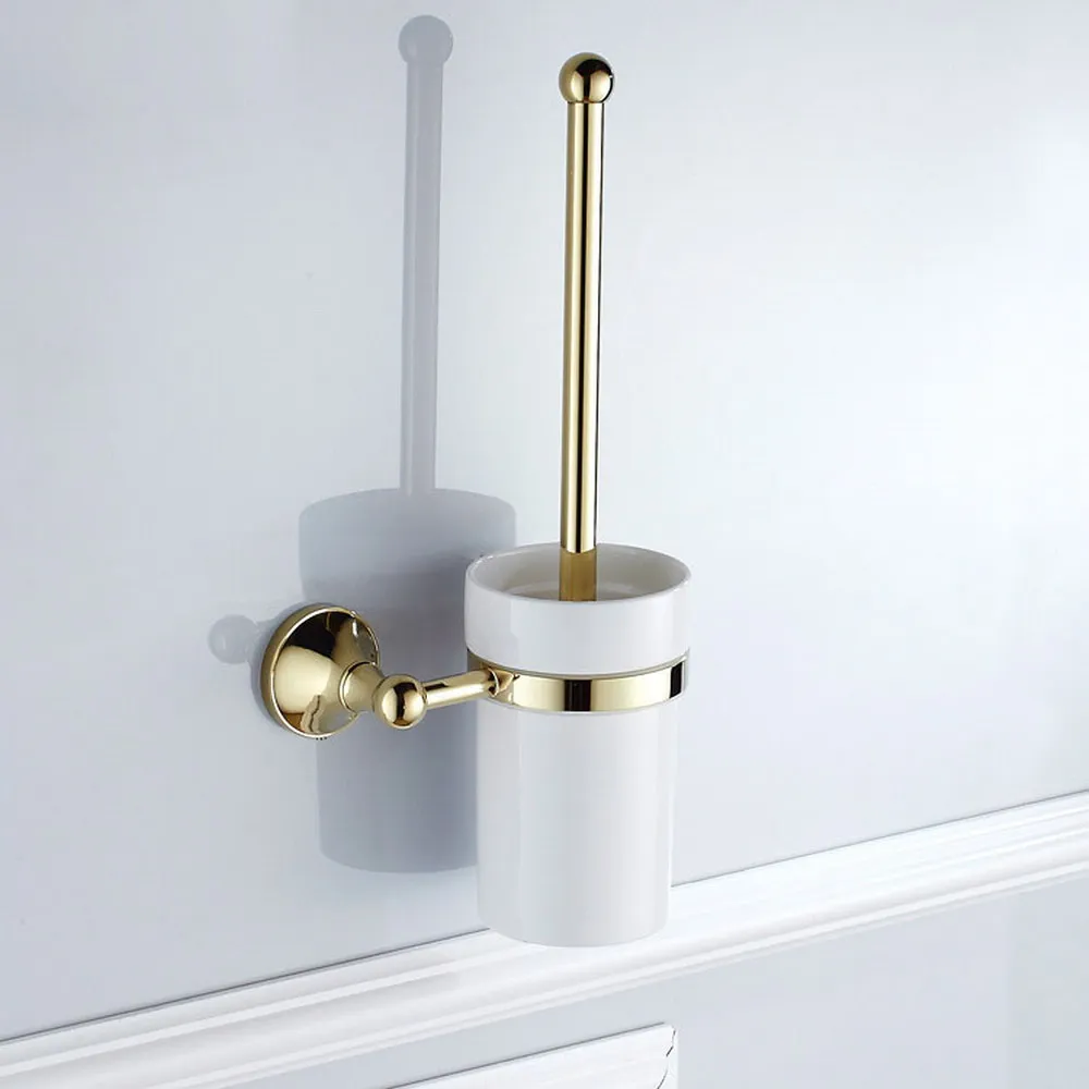 Gold Color Brass Wall Mounted Toilet Brush & Holder Set White Brush Ceramic Cup Bathroom Accessory aba930