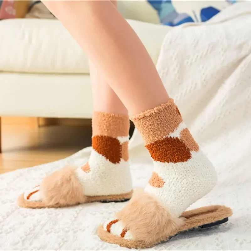 

New Arrivals 1 Pair Coral Fleece Socks Female Kawaii Tube socks Autumn Winter Cat Claws Cute Thick Warm Sleeping Floor Socks