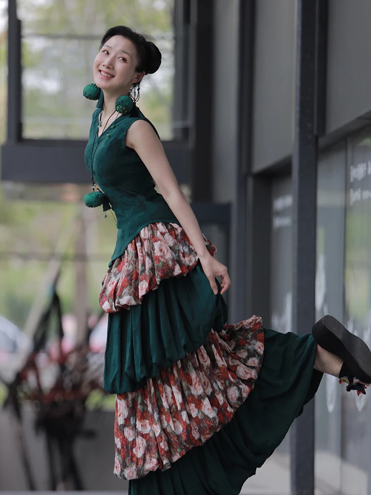 TIYIHAILEY-تنورة نسائية طويلة ماكسي كعكة مرونة الخصر الزهور الخضراء المرقعة طبقات الصيف الربيع 2025 موضة جديدة