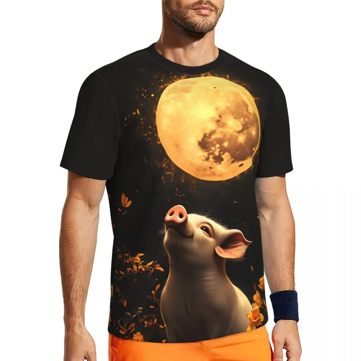 Gym T Shirt For Man Moonlight Pig Portrait T-Shirts Fashion Summer Tees O Neck Streetwear Design Clothing Birthday Present